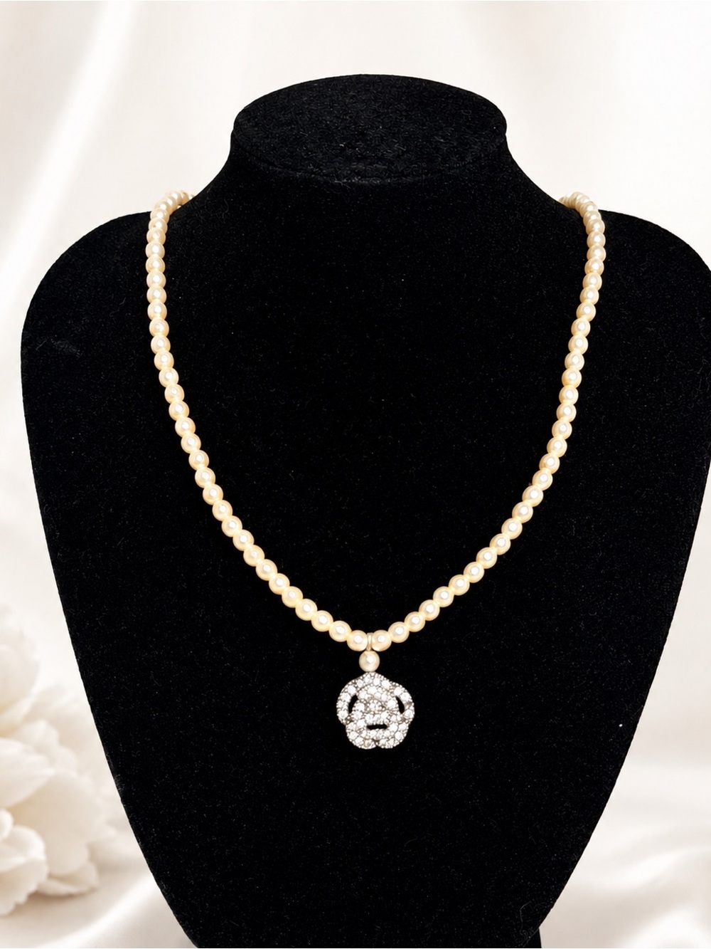Authentic Vintage Christian Dior Faux Pearl Rose Pendant Necklace (1980s)
